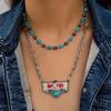 Retro Vintage Cowhead Blue Turquoise Stone Pendant Necklace & 1 Pc Western Country Style Faux Pearl Beaded Necklace