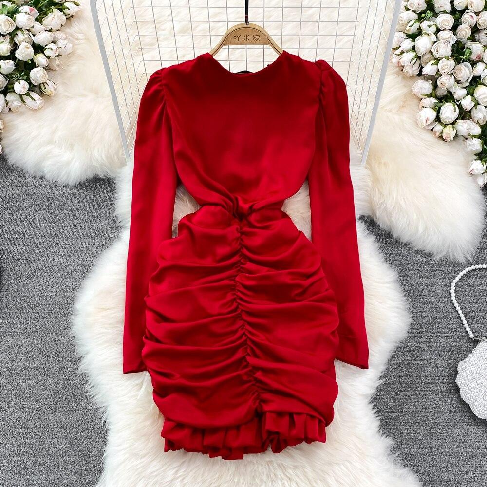 RUGOD High Quality Sexy V-neck Dress Spring 2025 New Slim Slim Pleated Ruffle Hip Wrap Short Dress Single-breasted