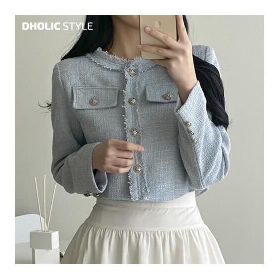 Fringe cropped tweed jacket p637052 Women s [JK] Outerwear long sleeve jacket round neck tweed cropped length fringe button feminine adult spring