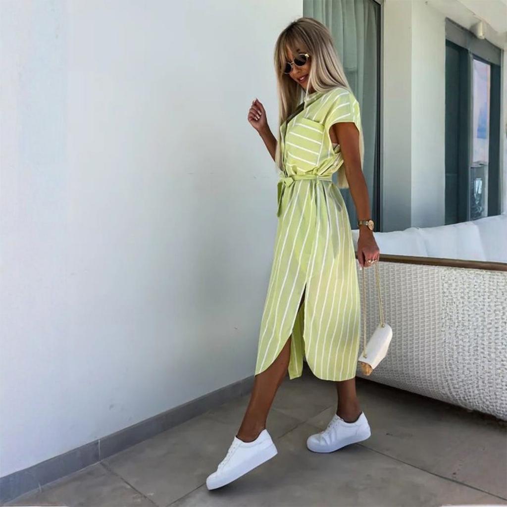 Dam Lös Bekväm Casual Trendig Kortärmad Randig Tryckt Midjeband Klänning