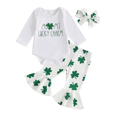 Baby Girls 3Pcs Spring Outfits Long Sleeve Romper + Shamrock Print Pants + Hairband Set Newborn Clothes
