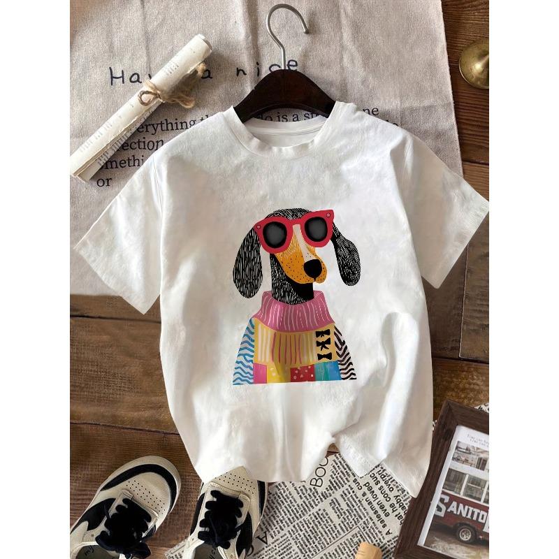 Европейский размер 2026 Модная новая женская стильная летняя прохладная повседневная футболка с круглым вырезом и принтом собаки с коротким рукавом S