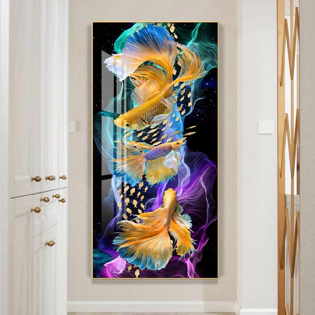 Póster Artístico de pared de estilo chino con estampado de animales abstractos, pintura en lienzo de pez Koi de la suerte, decoración del hogar de lujo para sala de estar