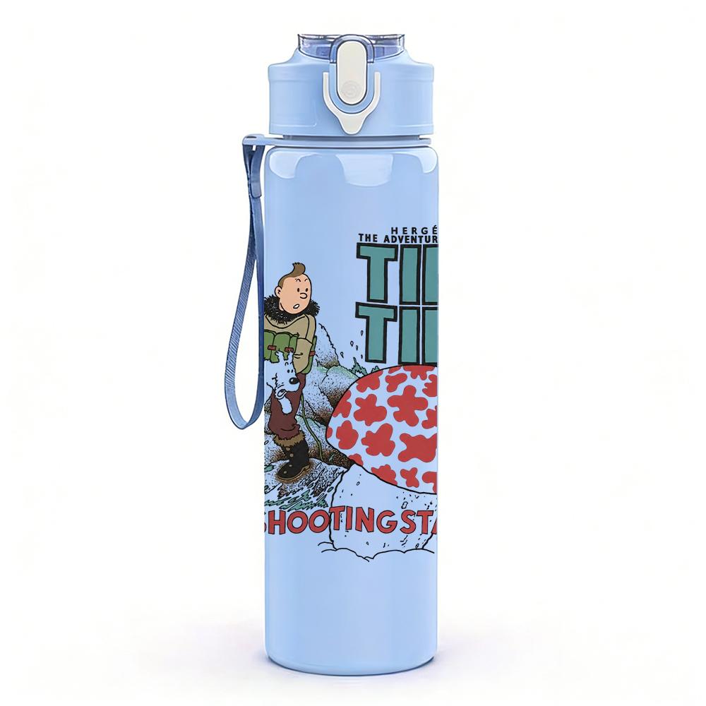 1PC Retro Street Band Collage Print 750ml colorful plastic sports water bottle leakproof pop up lid with straw for outdoor work home use