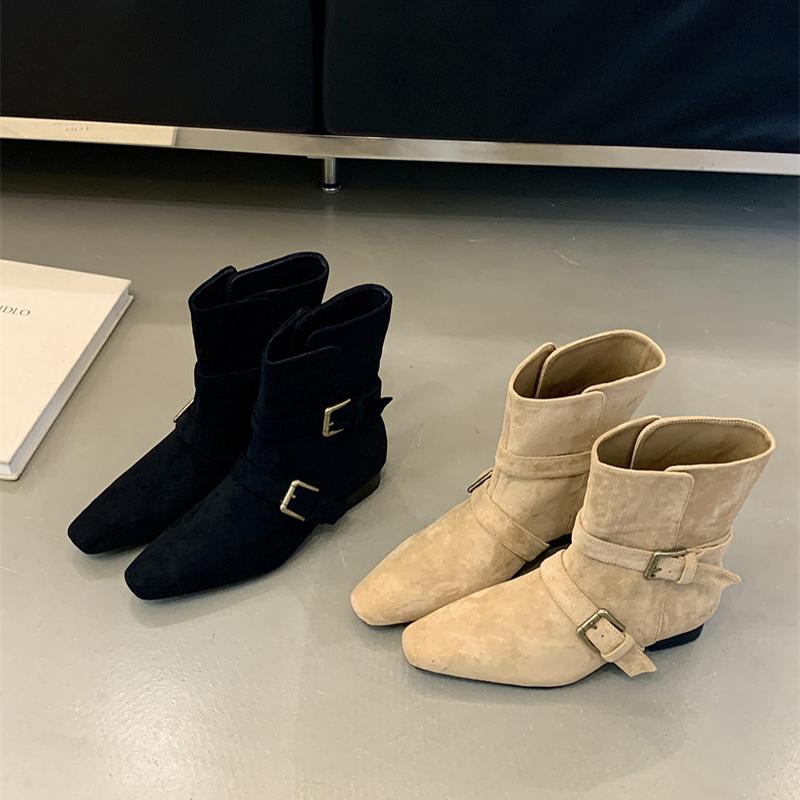 Fashion Vintage Women Slimming Ankle Boots Fashion Belt Buckle Female Concise Low Heel Short Booties
