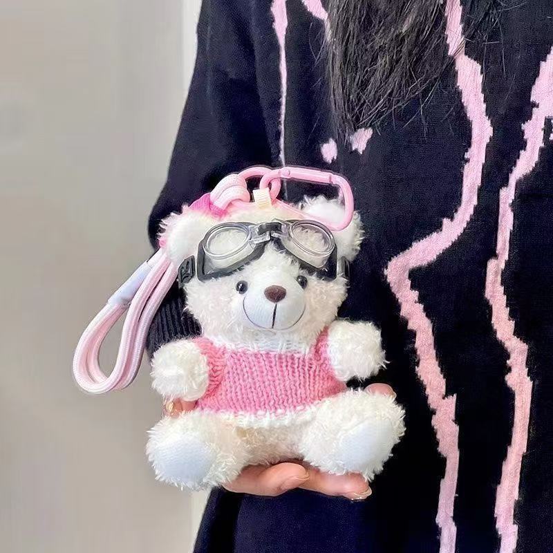 Cute Plush Brown Bear Keychain With Camera & Glasses Backpack Doll Pendants Couple Keyrings Handbag Charms Bag Accessories Set