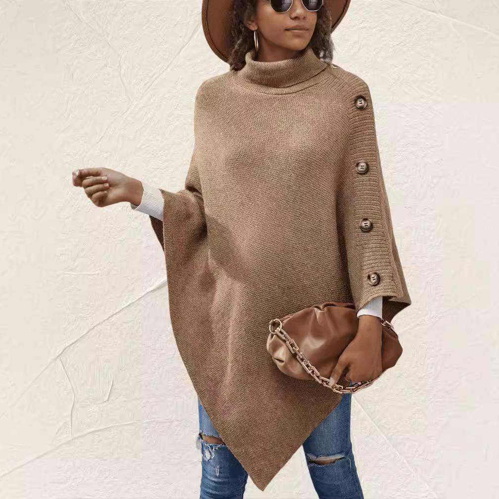 Autumn Winter Shawl Cloak Sweater Solid Color Turtleneck Oversized Cape Coat Female Ponchos Pullover Knitted Bat Sleeve Top
