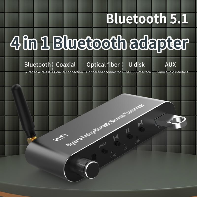 Bluetooth 5.1 Receiver Transmitter Audio Adapter U-Disk Play Coxial/Optical To 3.5MM AUX RCA R/L DAC Converter Remote Control