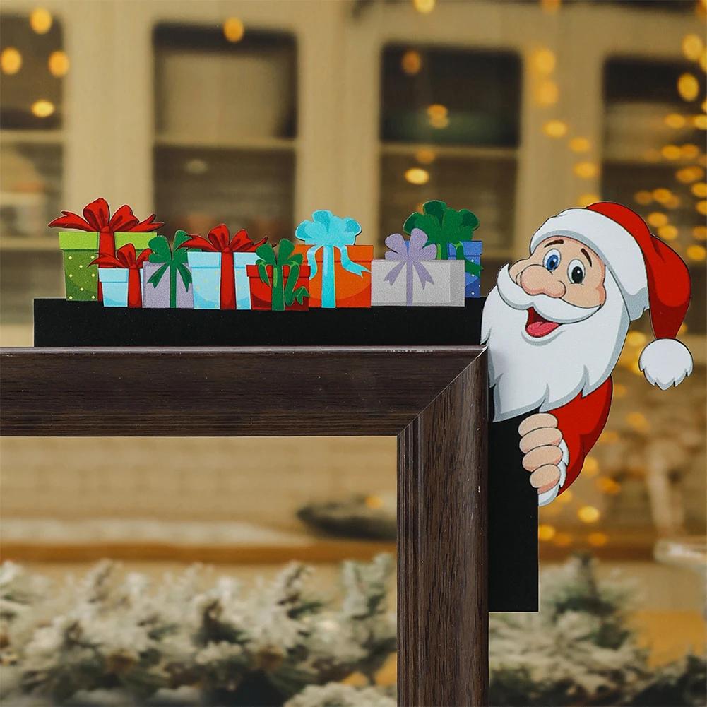 Wooden Christmas Corner Door Frame Decoration Cartoon Santa Claus Elk Xmas Penguin Pendant Merry Christma Decor For Door Frame