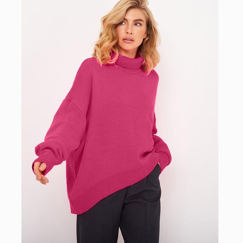 Hirsionsan Pulover tricotat cu gât roscat solid pentru femei, iarnă, nou, îngroșat, cald, cu mânecă lungă, pulover, lejer, de bază, tricotaj pentru femei