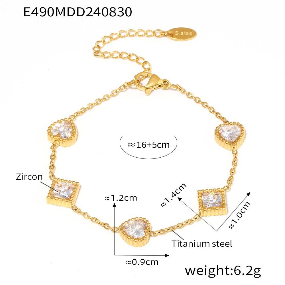 Gold Heart Square Zircon Bracelet: Light Luxury 18K Gold-Plated Titanium Steel with PVD Finish