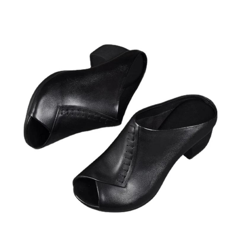 Thick-heeled Soft Leather Outer Slippers Fish Mouth Comfortable Versatile Mid-heeled Women Sandals Women's Mother's Shoes Women