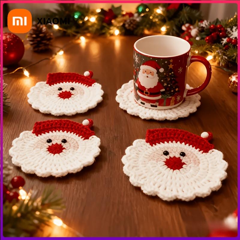 Xiaomi 2PCS Handmade Crochet Santa Claus Coaster - Holiday Decoration, Durable Fabric Beverage Tray, Unique Christmas Gift