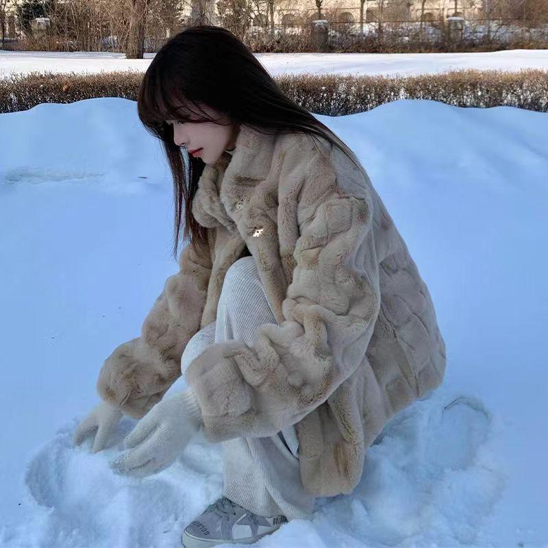 Winter imitation fur coat women's autumn and winter imitation rabbit fur stand-up collar regular cotton thickened loose lamb wool coat