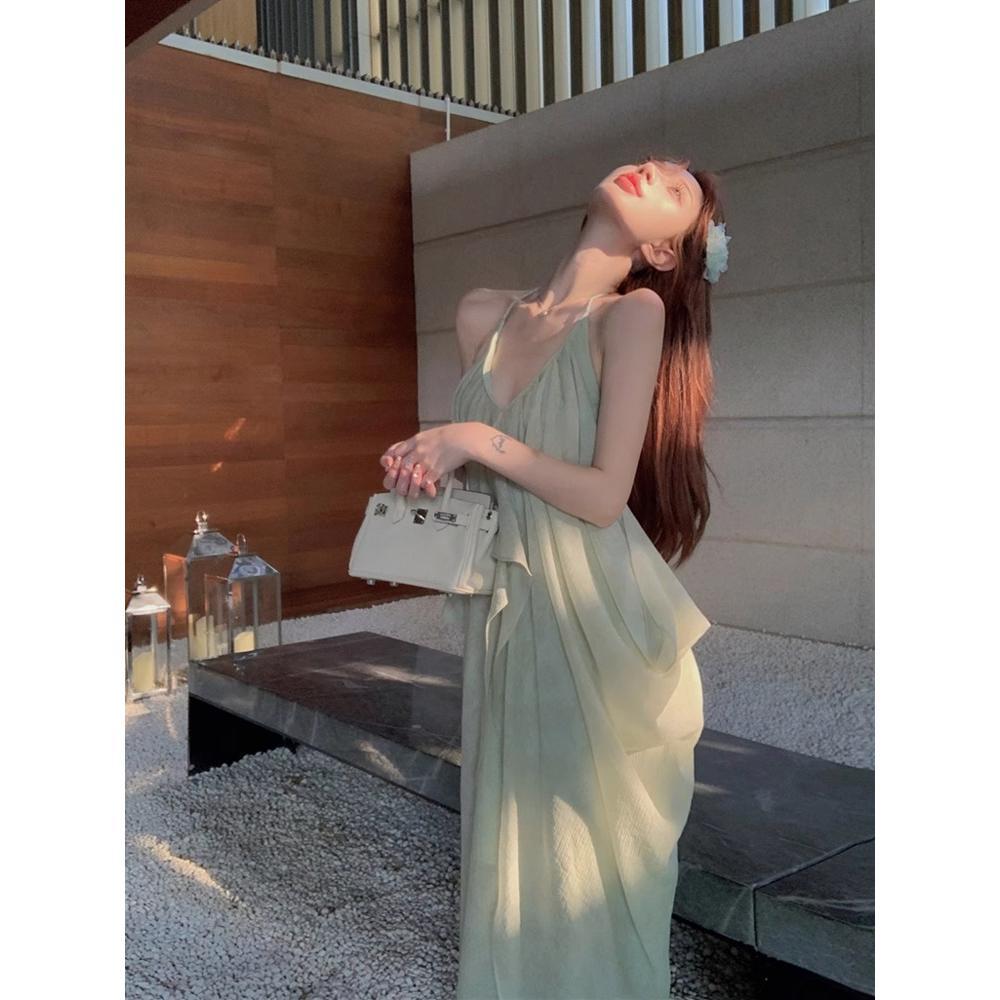 Pure Desire Backless Neck Sling Dress Women's Summer Vacation Pleated Long Dress Green Loose A-word Skirt