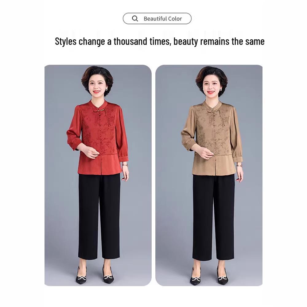 Autumn Mother's Day Chinese Style Two-Piece Shirt Set for Elegant Middle-Aged Women