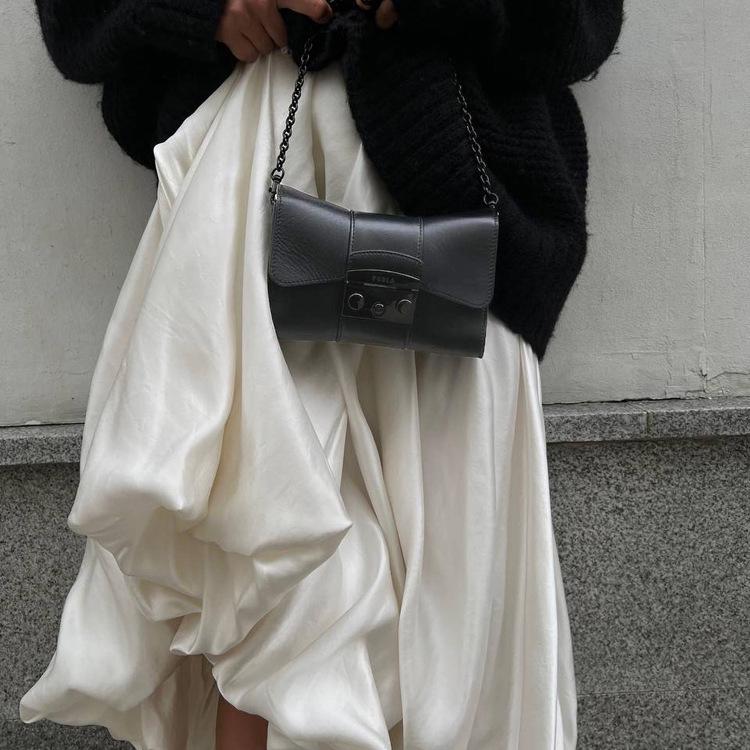 2024 Spring European & American Style High-Waist Balloon Dress - Casual, Simple, Solid Color, Versatile A-Line Skirt