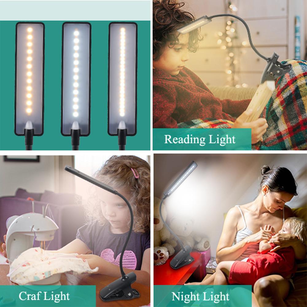 LED Reading Light Book Lights Clip On Desk Eye Protection 360° Flexible Neck USB Rechargeable for Bedroom Study Reading Office