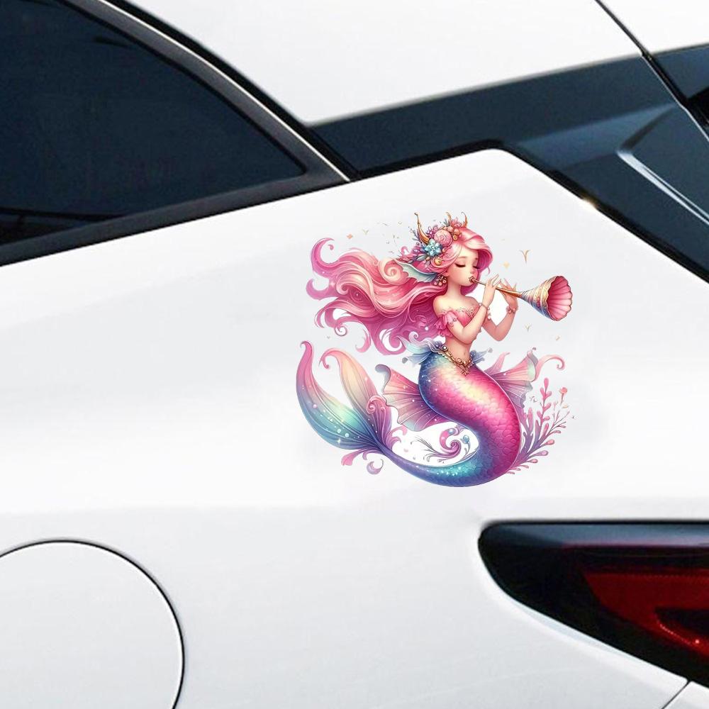 QT2373#15cm Whimsical Mermaid Playing Trombone Vibrant Pink Hair Car Sticker for Laptop, Truck,Motorcycle, Window
