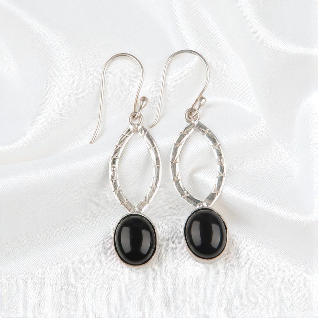 Black Tourmaline Gemstone 925 Sterling Silver Handmade Jewelry Hook Earrings 2" EE-87-25