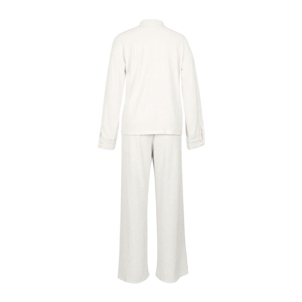 Women's Two-Piece Set: Long Sleeve Pleated Casual Shirt & Elastic Waist Straight Leg Pants