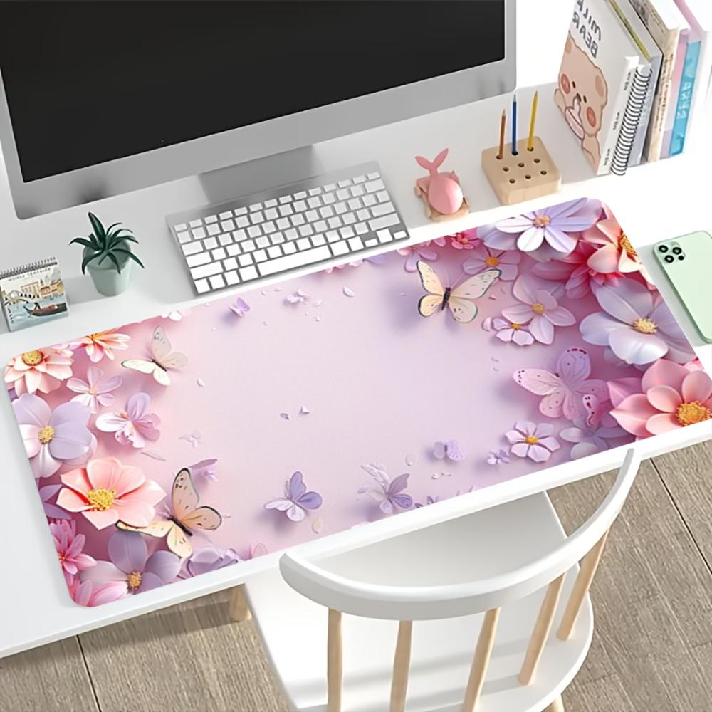 Watercolor Floral Butterfly Large Desk Mat Gaming Mouse Pad Non Slip Rubber Stitched Edge Keyboard Mat For Office Desktop Decor
