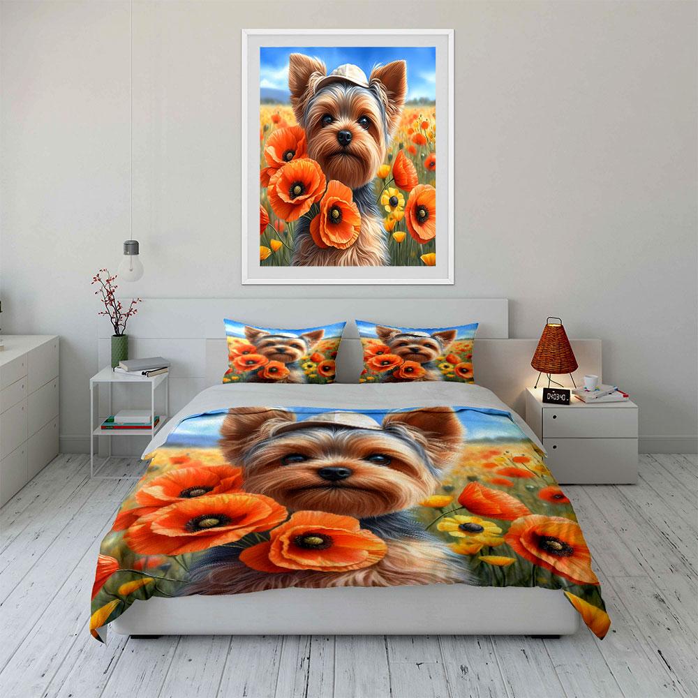 Dog-Inspired Floral Field Set Exquisite three-piece bedding set gift for kids and adults