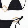 2024 Women's Black Three-Piece Bikini: Halter, Low-Waist, Solid Color, European & American Style