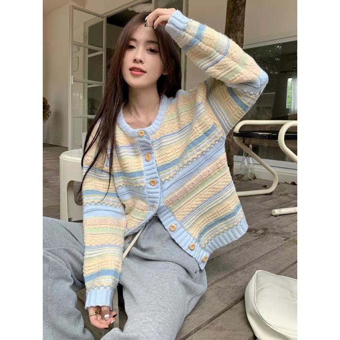 

Gentle wind striped soft waxy sweater jacket women s new high-end loose long-sleeved knitted cardigan top One size fits all [recommended 40-62.5kg ] синій