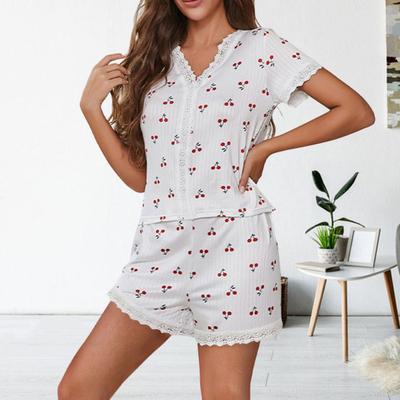 2 Teile/satz Pyjamas Anzug Spitze Spleißen V-ausschnitt Kurzarm Top Kirsche Druck