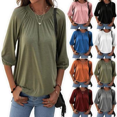 2024 New Autumn Women's Three-quarter Sleeve Casual Loose Pleated Solid Color Round Neck Pullover Top
