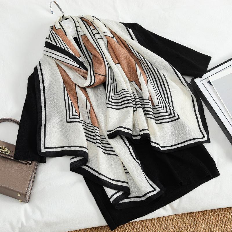 Temperament Women Silk Scarf Scarf Spring and Autumn Versatile Simple Lines Velvet Long Scarf Autumn and Winter Warm Thin Shawl