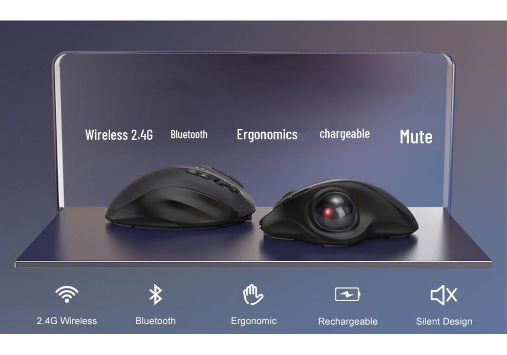 JOMAA Silent Rechargeable 2.4G Wireless Dual-Mode Trackball Mouse for Drawing & Office