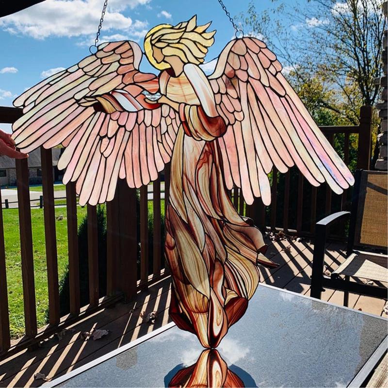 Acrylic Angel Statue Ornament Stained Glass Art Window Hanging Angel Pendant Home Decoration For Courtyard Garden