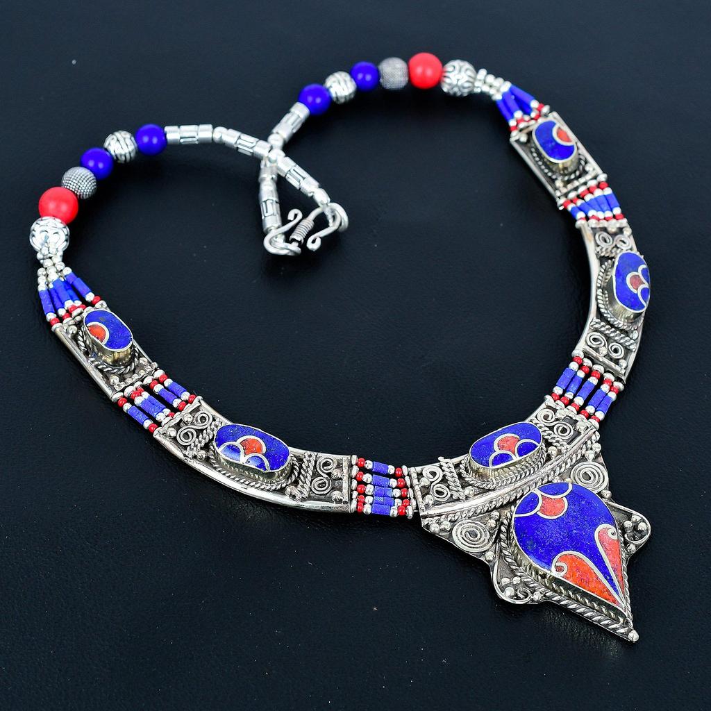 Lapis Lazuli, Coral 925 Sterling Silver Necklace Tibetan Silver Necklace Bohemian Antique Necklace Handmade Jewelry Nepali Necklace Gift For Wife