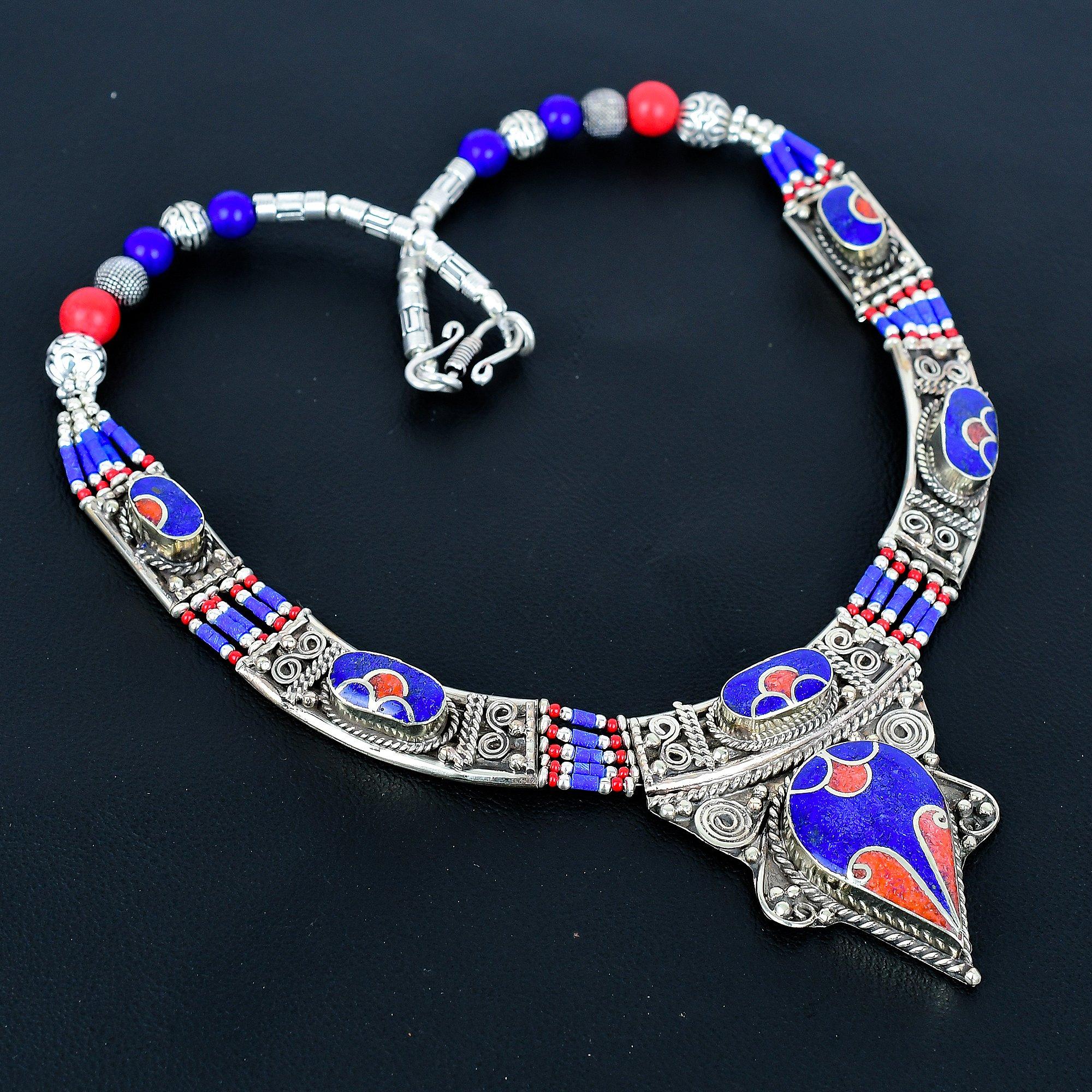 

Lapis lazuli, Coral 925 Sterling Silver Necklace Tibetan Silver Necklace Bohemian Antique Necklace Handmade Jewelry Nepali Necklace Gift For Wife 20 синий