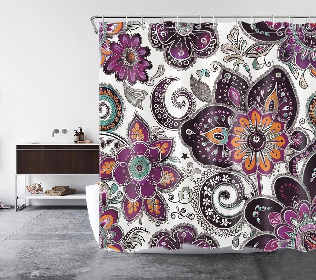 Bohemian Paisley Floral Shower Curtain Purple And Black Flower Pattern Boho Bathroom Shower Curtain Retro Abstract Bathroom