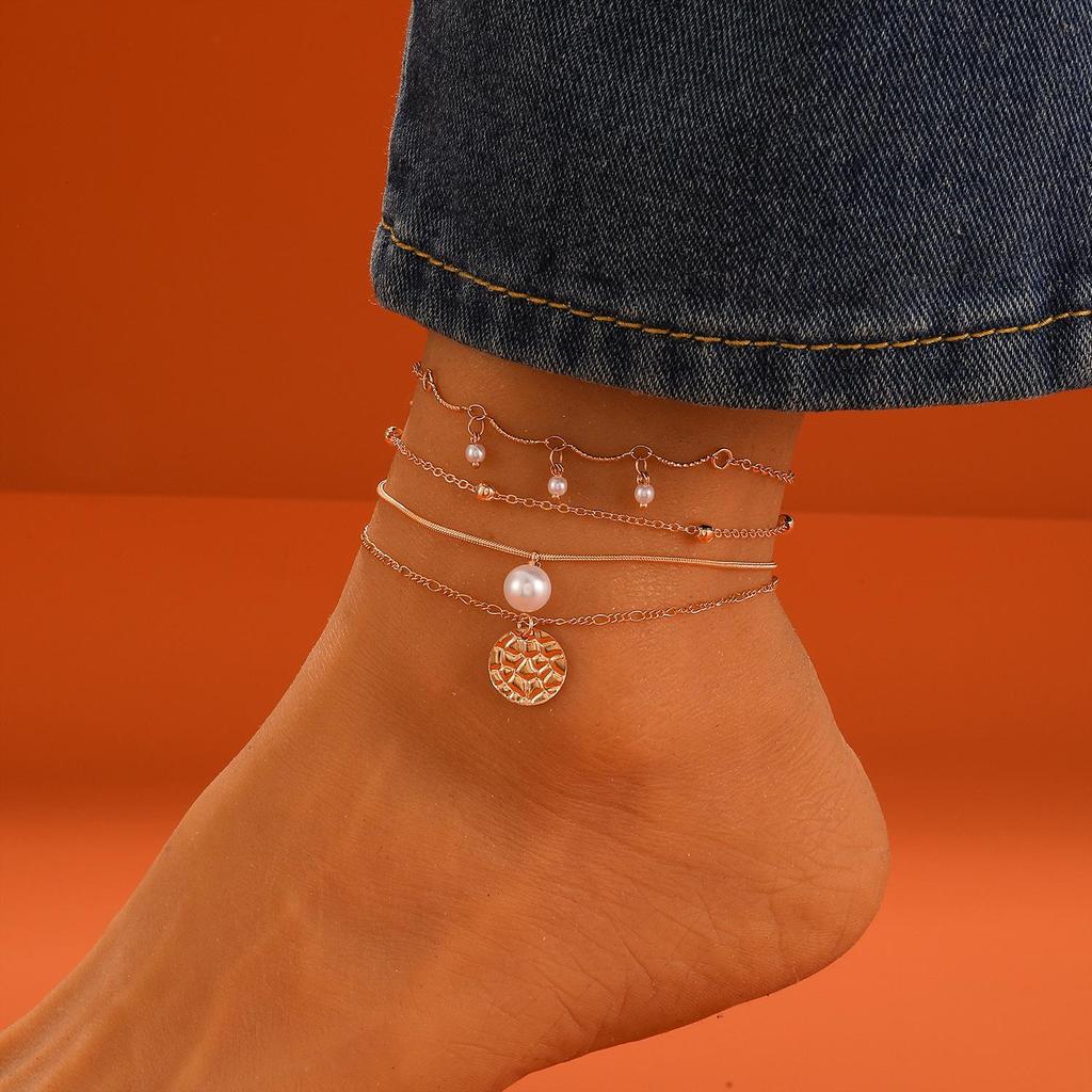 European & American Retro Letter Butterfly Pendant Multi-Layer Beach Anklet Set