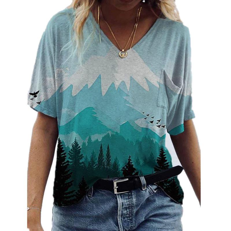 Loose V-neck Short Sleeved Summer Youth Women's 3D Printed T-shirt