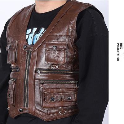 Echte Rindsleder Multi-Taschen Reißverschluss Dick Ärmellos Motorrad Weste für Herren