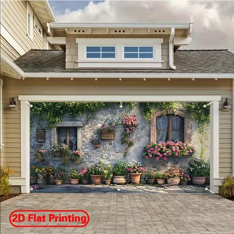 2D Italian Flower Wall Backdrop, Old Cottage with Potted Roses & Ivy for Outdoor Party