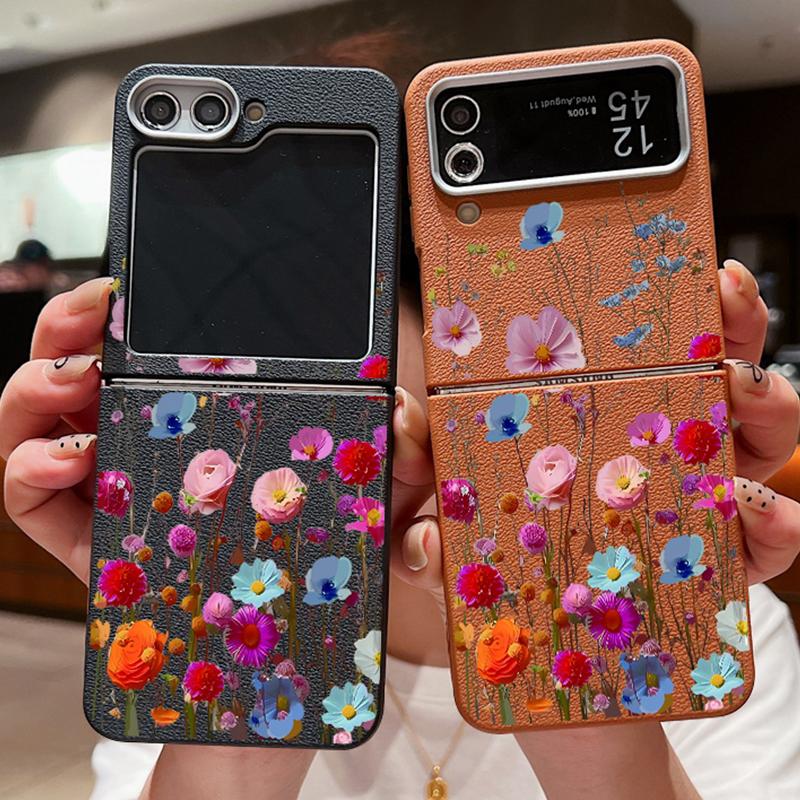 For Samsung Galaxy Z Flip 6 5 4 3 5G Luxury Leather Phone Case Retro Flowers Soft TPU Folding Cover For Samsung Z Flip5 Flip3