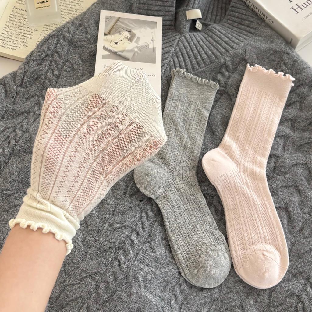 Fungus Edge Socks Medium Socks Summer Thin Cotton Socks Mesh Hollow Breathable Lace White Stacked Socks