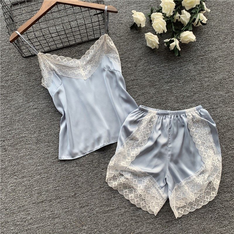 

Summer Suspender Pajamas Female Lace Suit Sling Lace Two-piece Set Light Blue (1520) XL