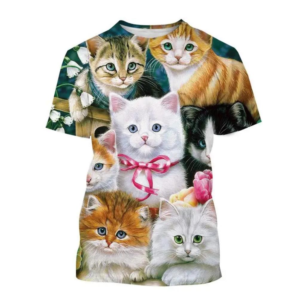 New 3D Animal Cat Pattern Printed Boys' Casual Crew Neck Harajuku Style T-Shirt Summer Street Style Lightweight Top