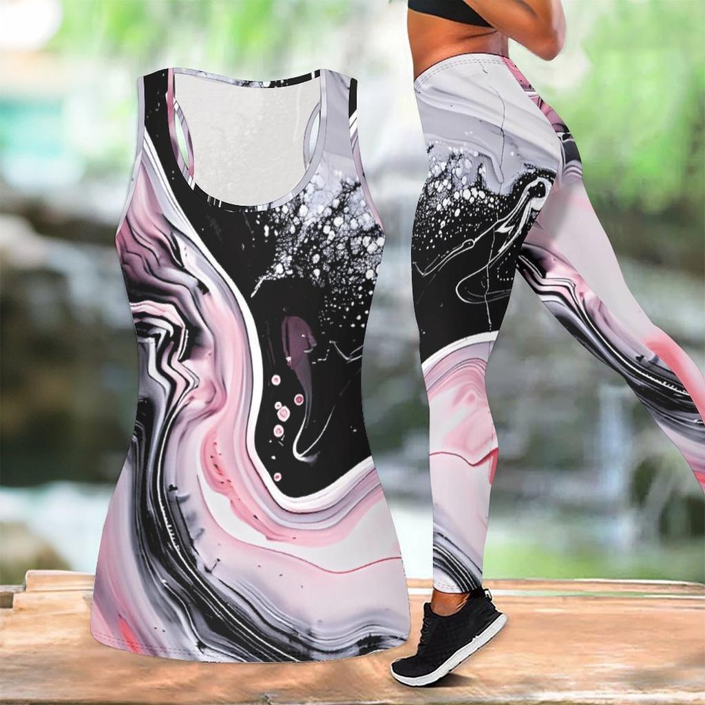 Marble Veining Printed Yoga Outfit for Women Fashion Workout Leggings Fitness Sports Casual Yoga Set Sports Suit