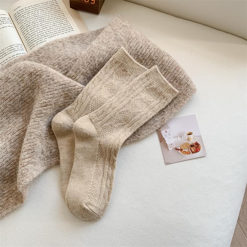 Children'S Wool Socks, Thickened Warm Rhombus Cream Solid Color Medium Tube Socks