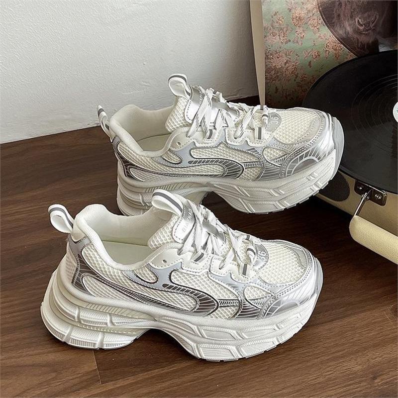 

2025 Summer New Women s Double Layer Silver Platform Dad Shoes Chunky Sole Casual Athletic Heightening Sneakers 37 белый