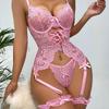 3 Pieces Floral Lace Lingerie Set Transparent Bra Set Hot Erotic Sexy Costumes Solid Color Underwear Seamless Bra Thong Garters