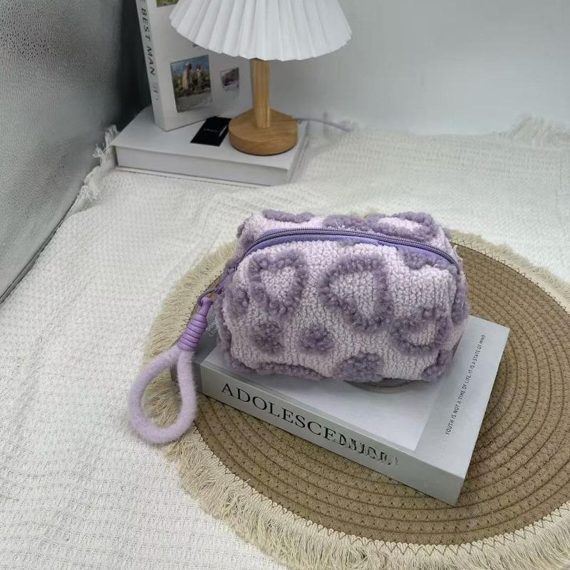Plush Makeup Bags with Handle Soft Travel Cosmetic Storage Bag Portable Love Print Organizer Pencil Case Cute Clutch Pouch